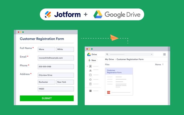 Promotional graphic for Jotform and Google Drive integration on a green background, showing a customer registration form on the left and a Google Drive file preview on the right connected by an arrow