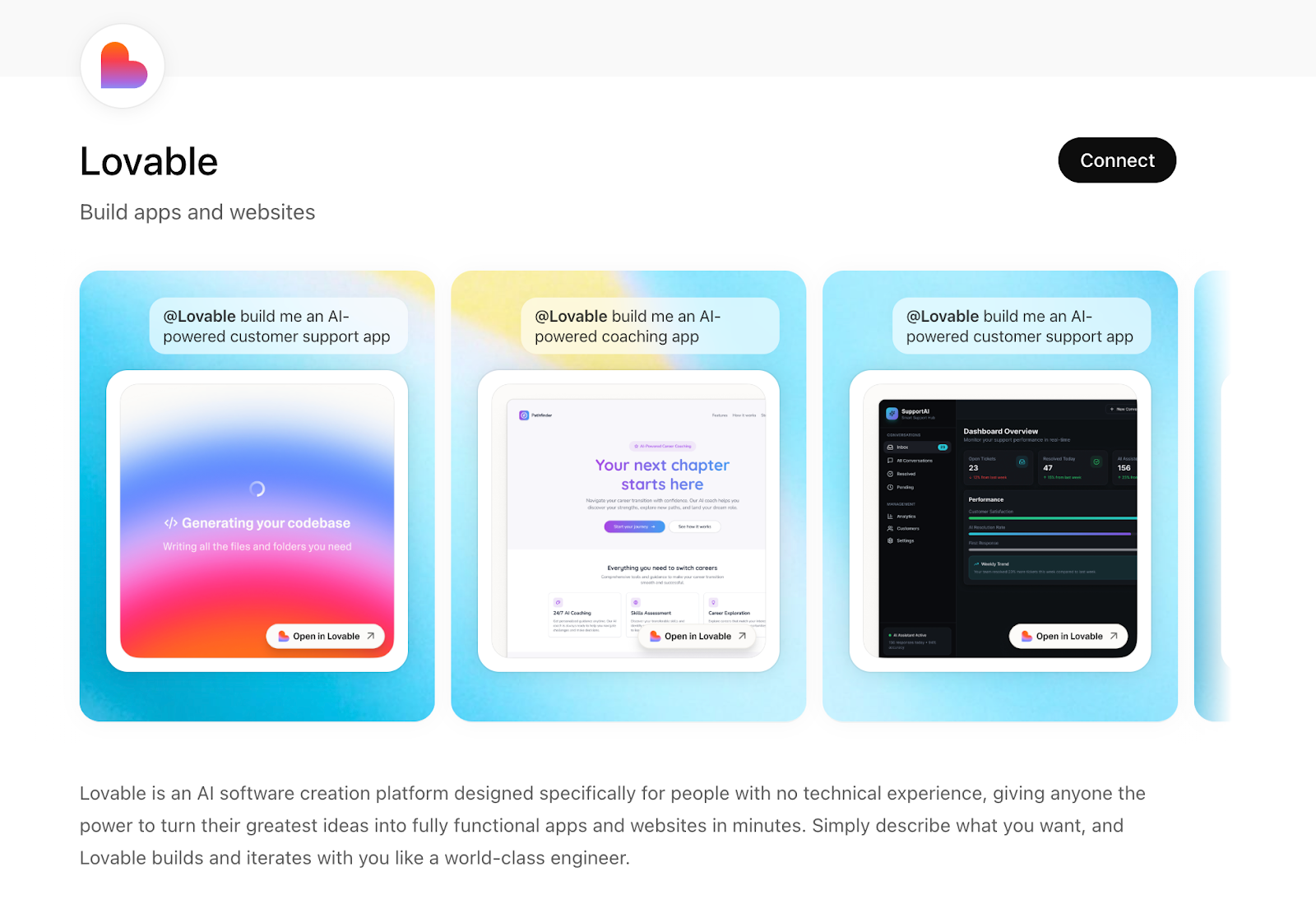 Lovable's listing in the ChatGPT Apps tab
