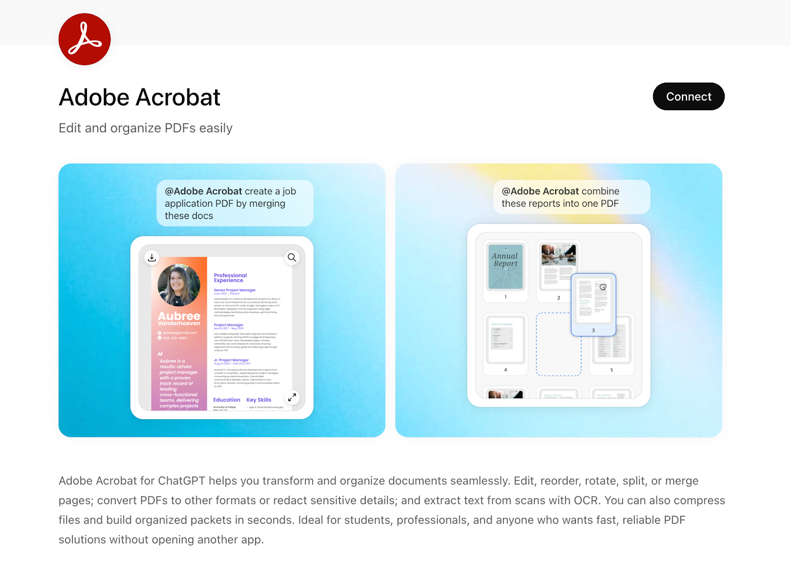 Adobe Acrobat's listing in the ChatGPT Apps tab