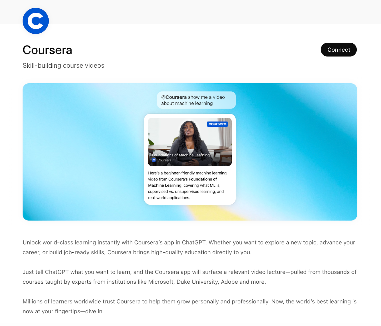 Coursera's listing in the ChatGPT Apps tab