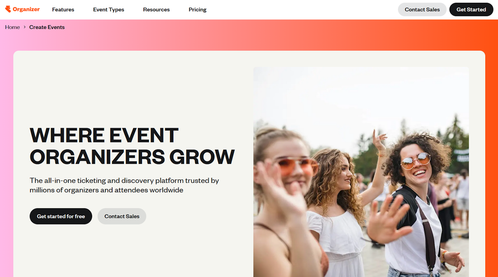 Eventbrite website with the words: "Where event organizers grow"