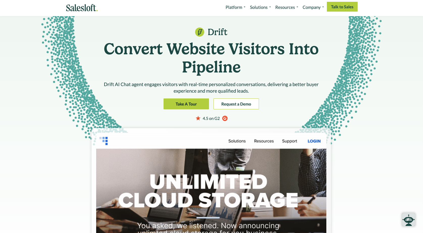 Screenshot of Salesloft Drift's landing page, showing a headline "Convert Website Visitors Into Pipeline"