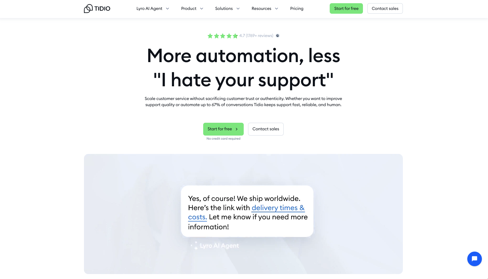 Screenshot of Tidio landing page, showing a headline "More automation, less - I hate your support -"