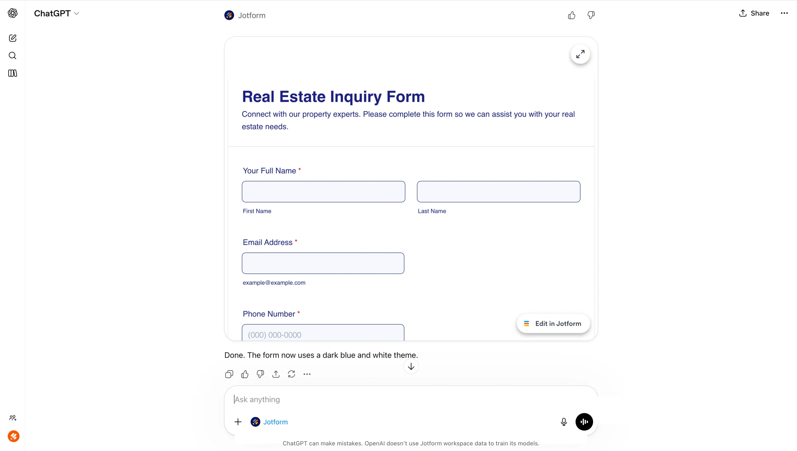 Screenshot of an updated “Real Estate Inquiry Form” in ChatGPT with a modified title and styling, demonstrating real-time form edits based on user instructions