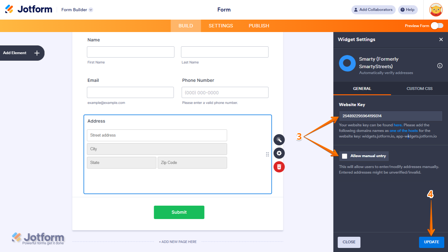 Smarty widget General settings showing Website Key field Allow Manual Entry option and Update button in Jotform