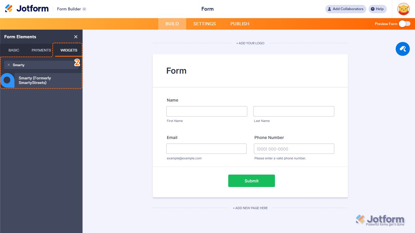 Form Elements Widgets tab showing Smarty widget selection in Jotform