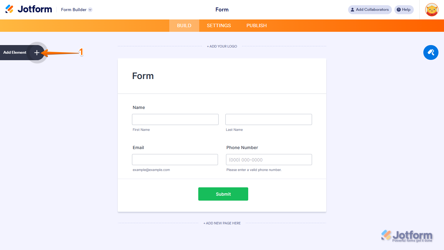 Form Builder Add Element menu in Jotform