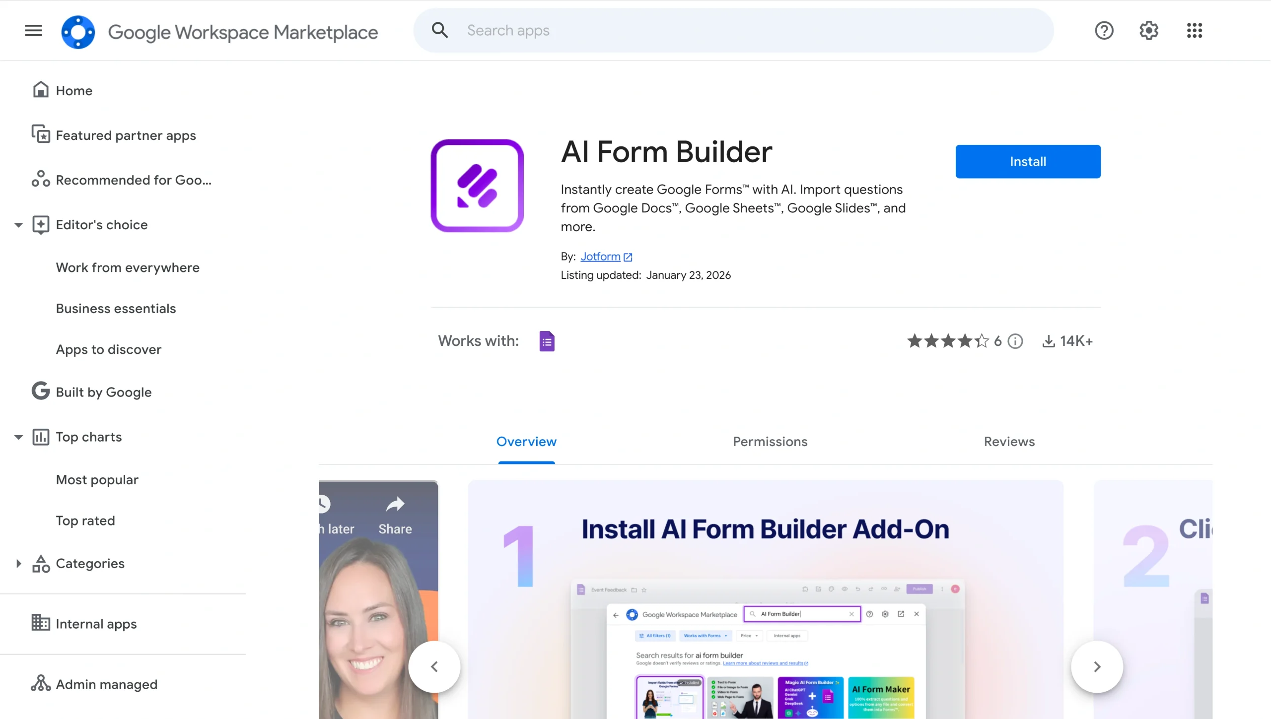 Google Workspace Marketplace listing for Jotform’s AI Form Builder add-on, showing the install button, rating, downloads, and preview images explaining how to install the add-on