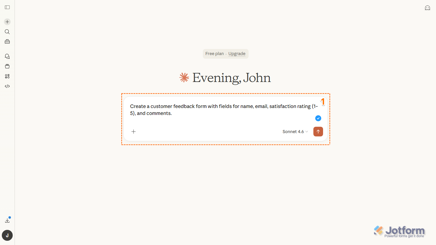 Claude chat interface showing prompt to generate a customer feedback form using Jotform connector