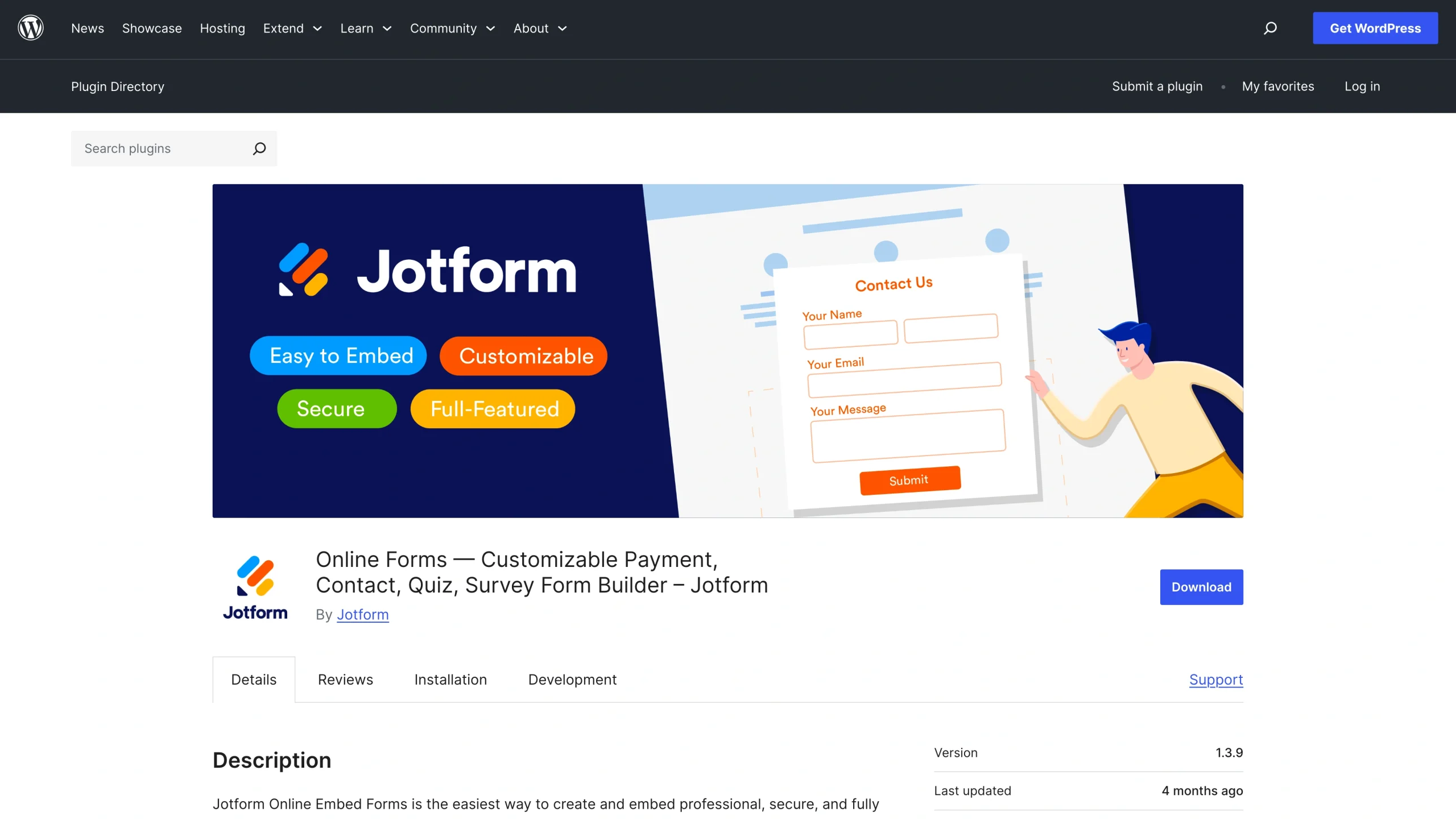 Screenshot of Jotform's Online Forms plug-in in the WordPress plugin directory