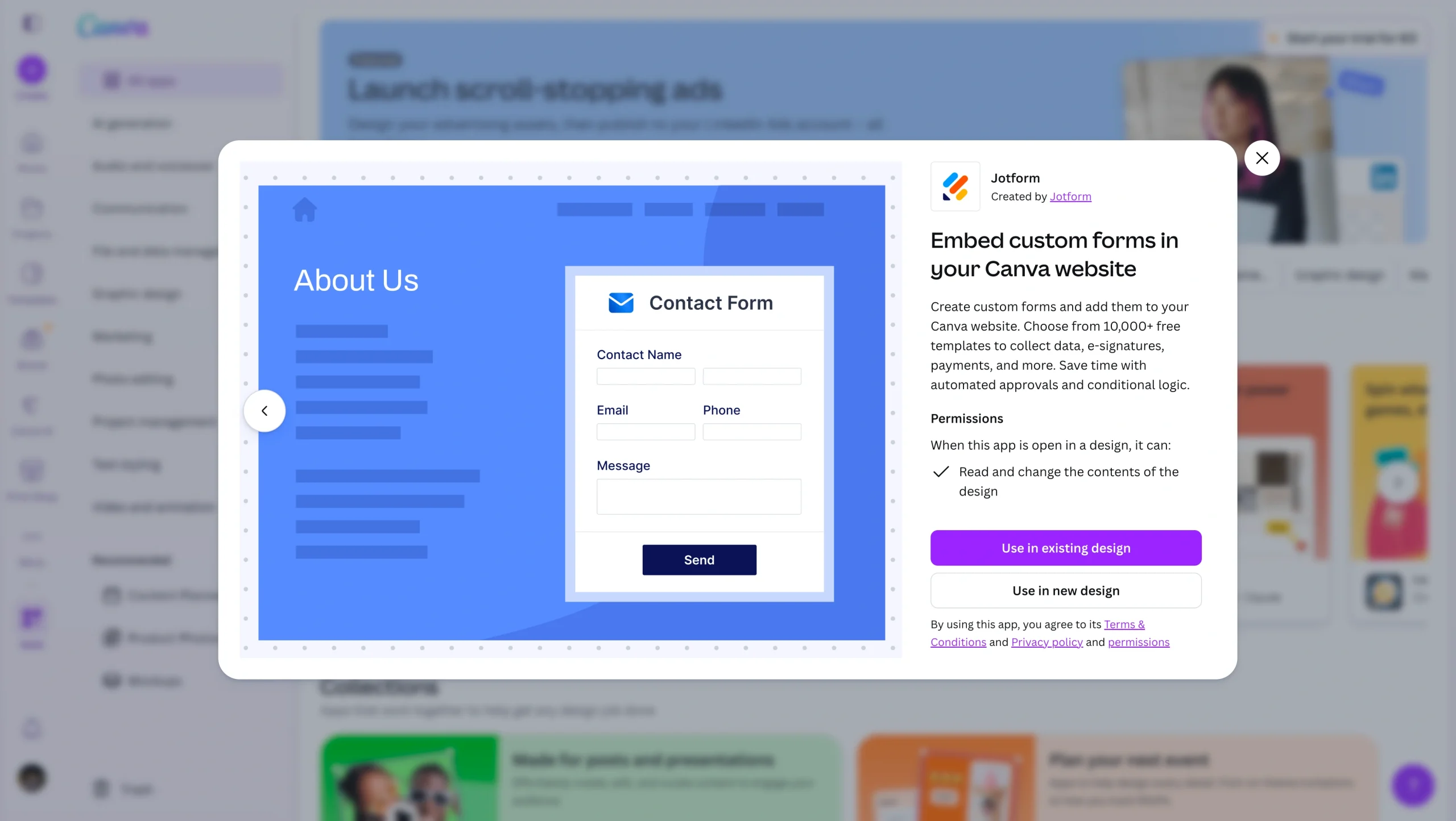 Canva interface with a popup showing a contact form and a panel titled “Embed custom forms in your Canva website