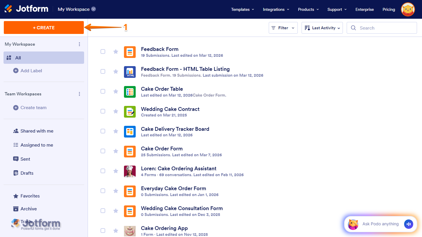 Create Asset button on the Jotform Workspace page