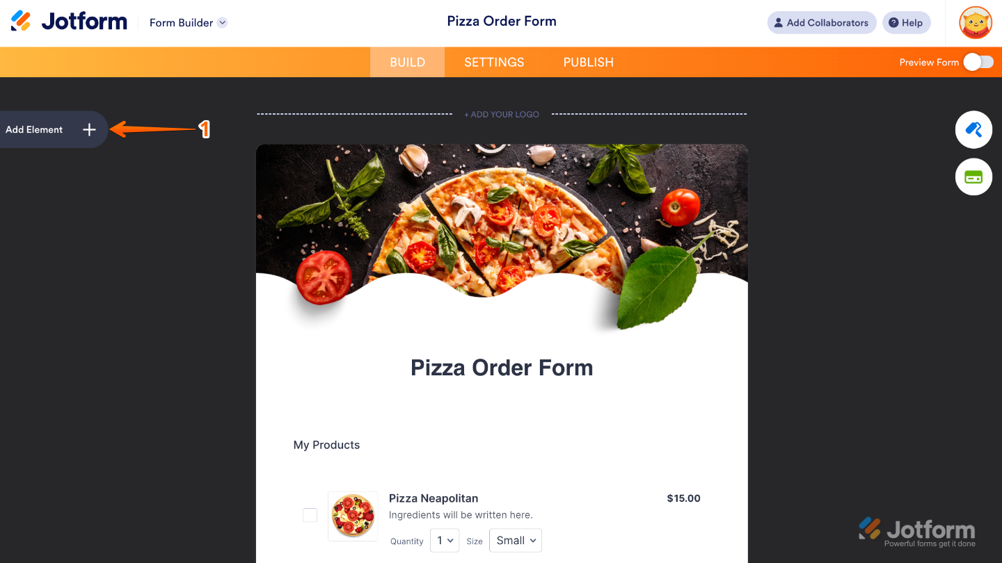 Form Builder interface highlighting the Add Element button on the left panel used to add new fields and widgets to a form