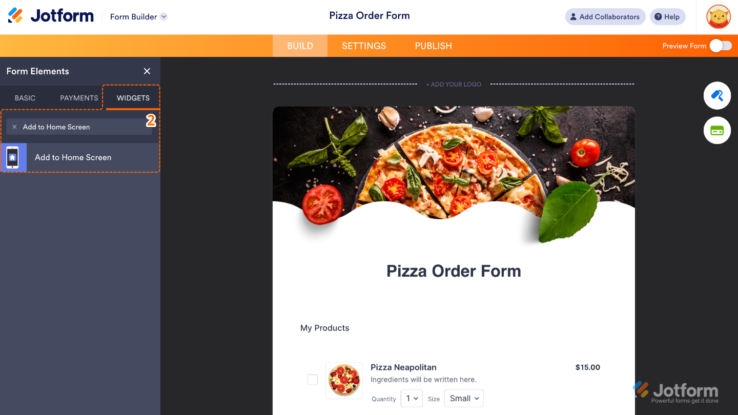Form Elements panel under the Widgets tab showing the Add to Home Screen widget being searched and added to a form