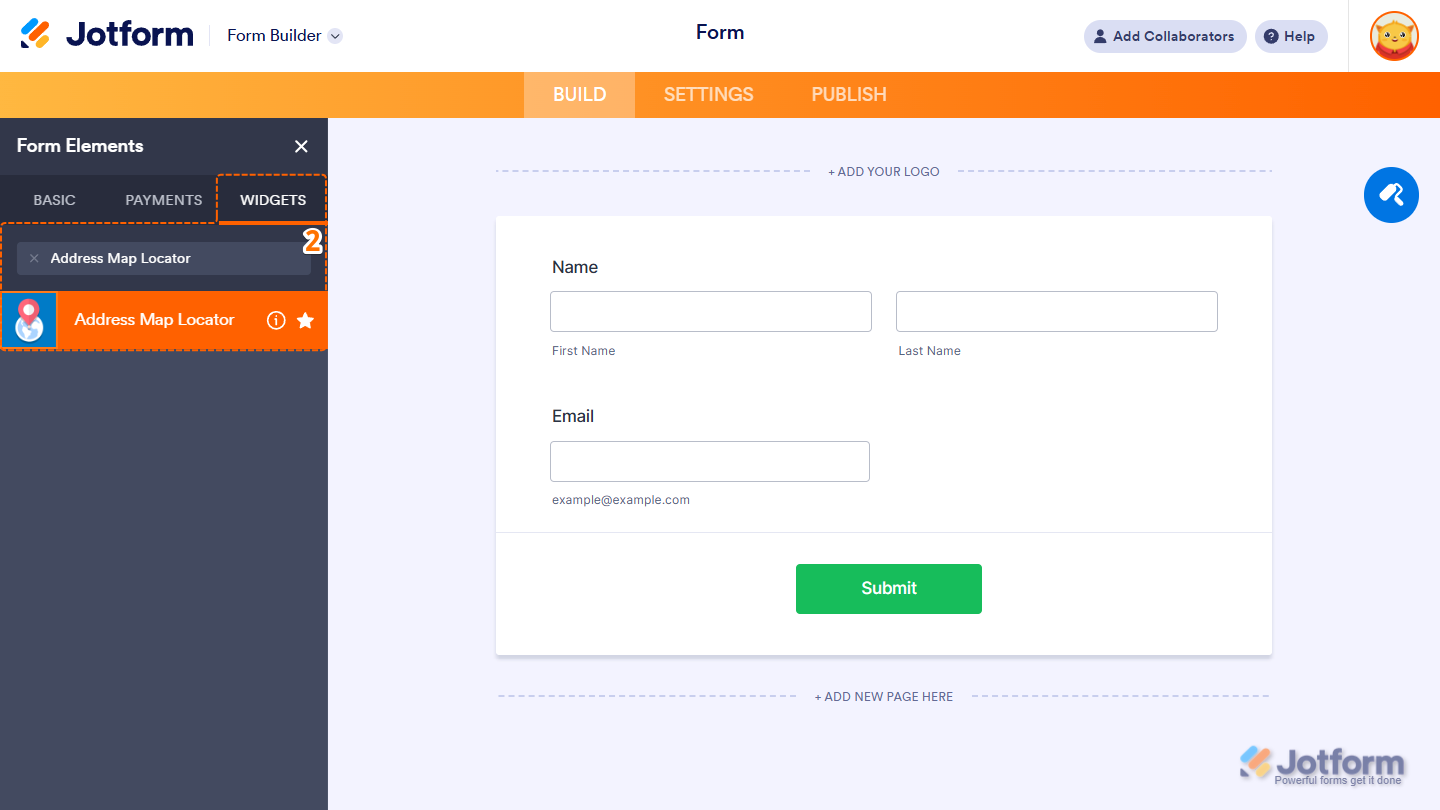 Address Map Locator in the Widgets tab of the Jotform Form Builder