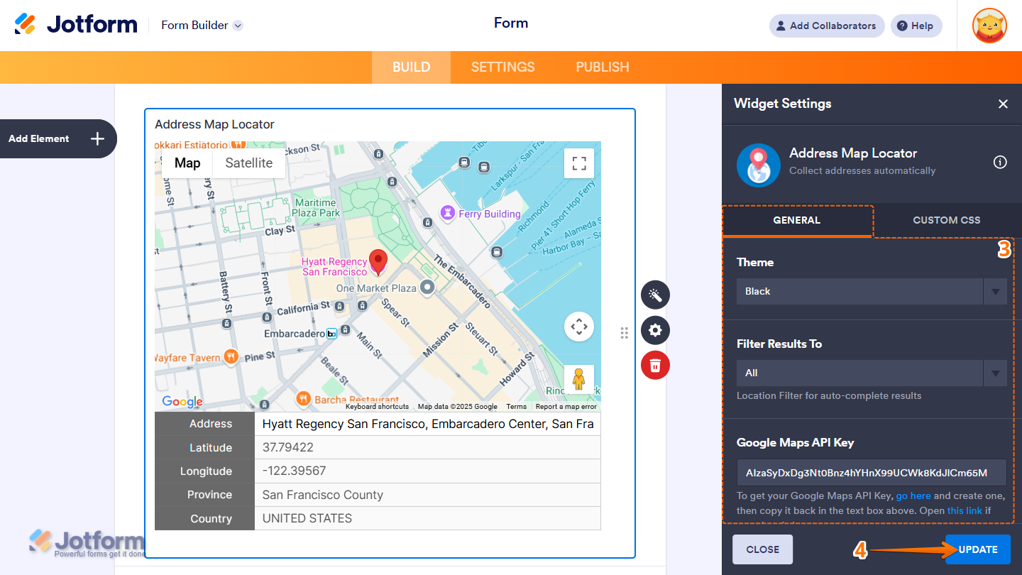 Address Map Locator widget settings menu