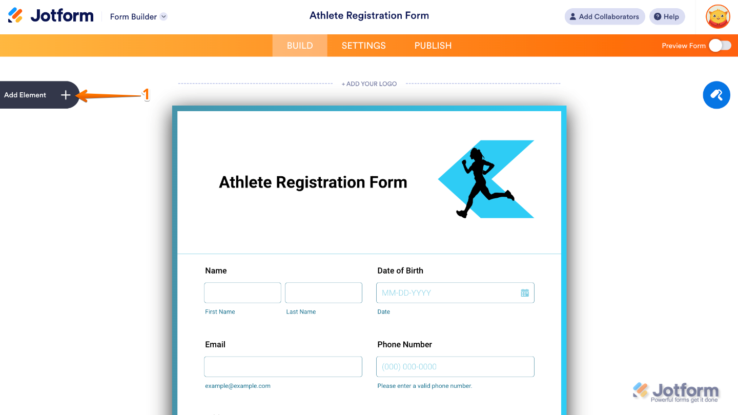 Form Builder interface showing the Add Element button on the left sidebar used to insert new fields into a form