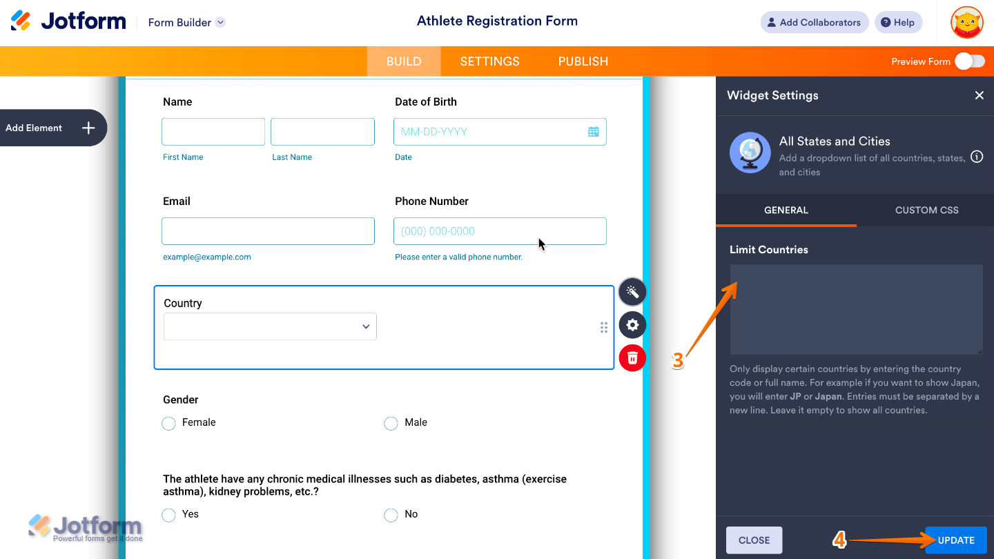 Configuring the Limit Countries option in the Widget Settings window to control which countries appear in the country selection list