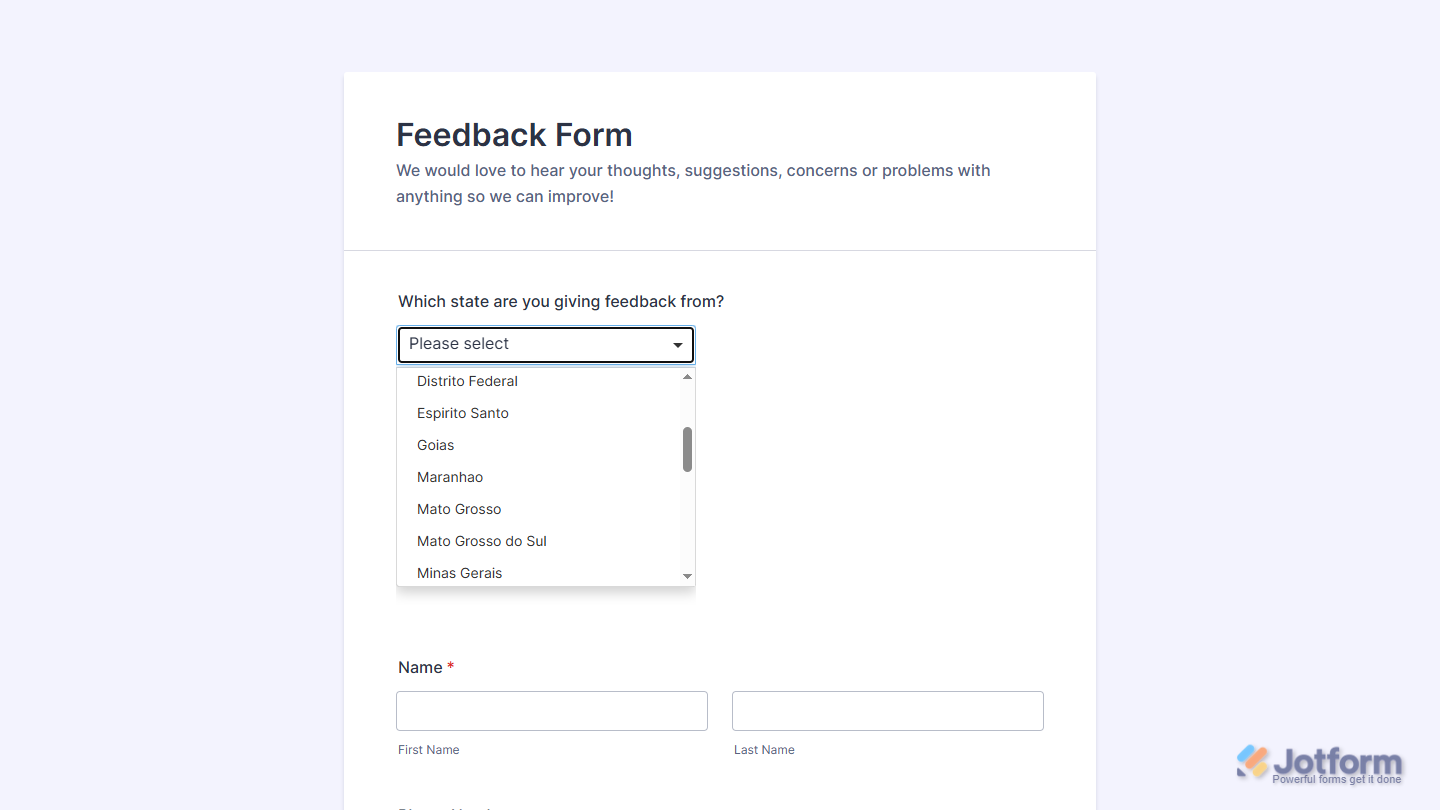Brazil States widget on a Jotform form