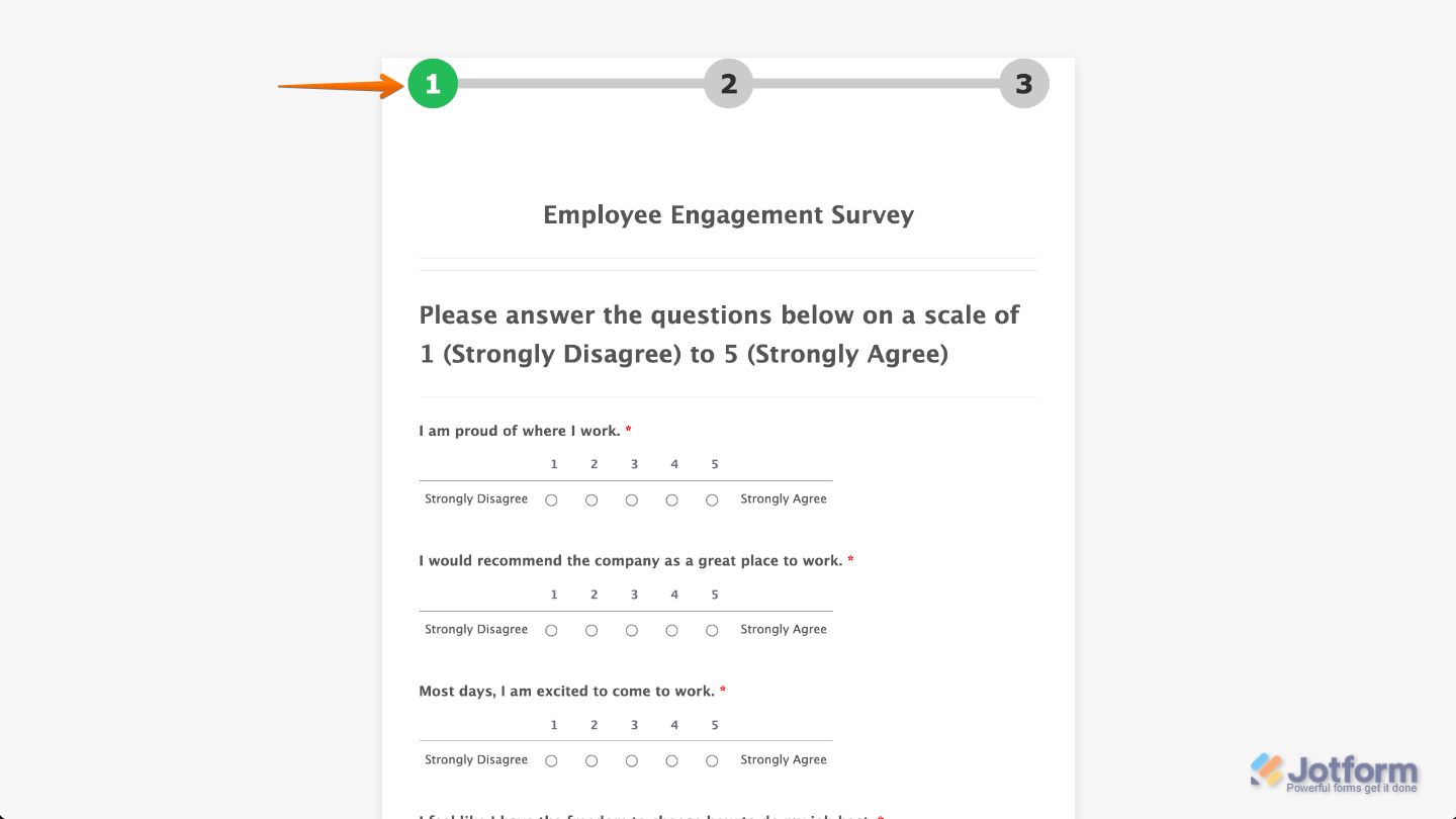 Form with the Breadcrumbs widget added, showing a visual navigation trail to guide users through different form sections