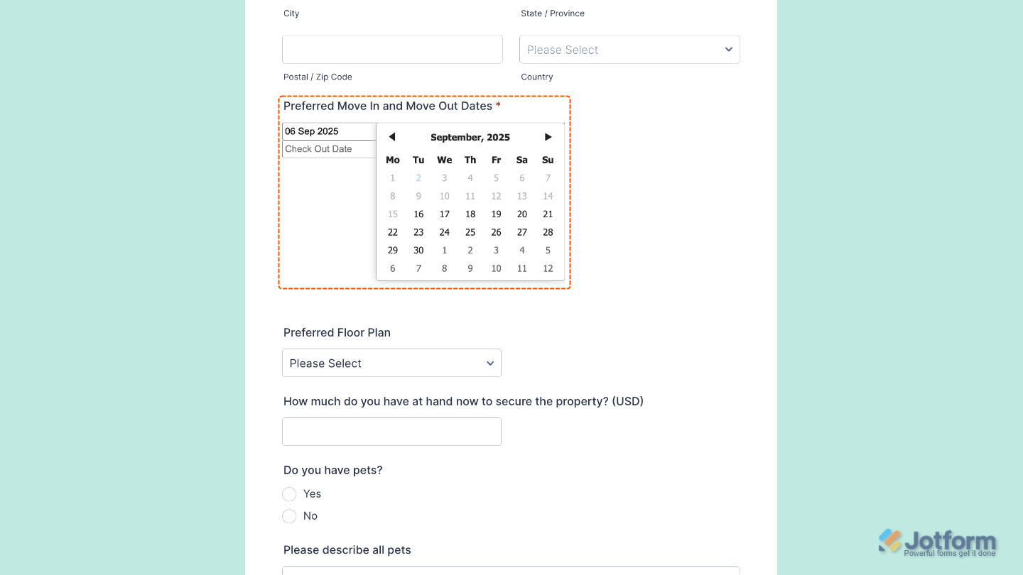 Form with the Check In Check Out widget added, showing an interactive calendar for users to select check-in and check-out dates