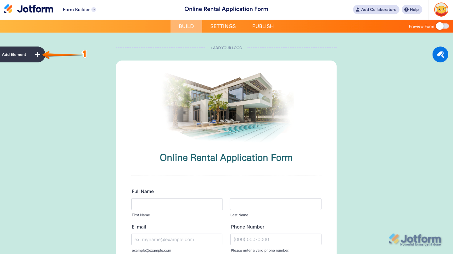 Form Builder interface highlighting the Add Element button on the left panel used to add new fields to a form