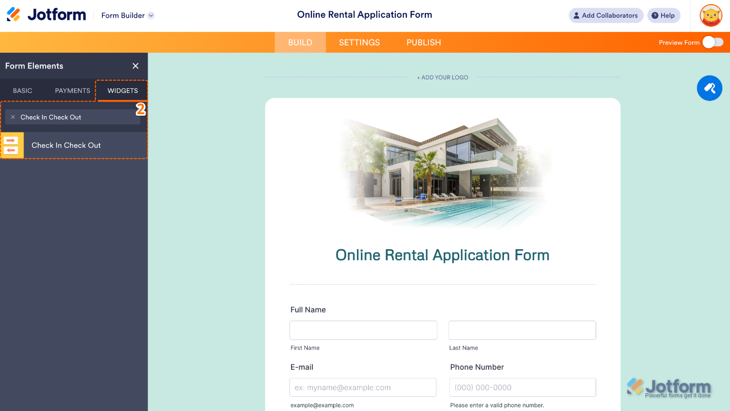 Form Elements panel under the Widgets tab showing the Check In Check Out widget being searched and added to a form