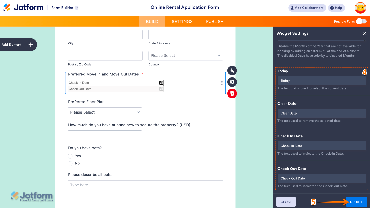 Check In Check Out widget settings showing options to customize Today highlight, Clear Date text, and labels for Check In and Check Out dates