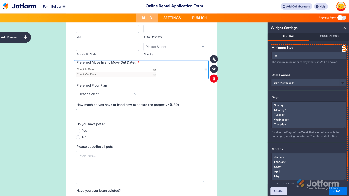 Check In Check Out widget settings panel showing options for Minimum Stay, Date Format, and blocking specific days and months