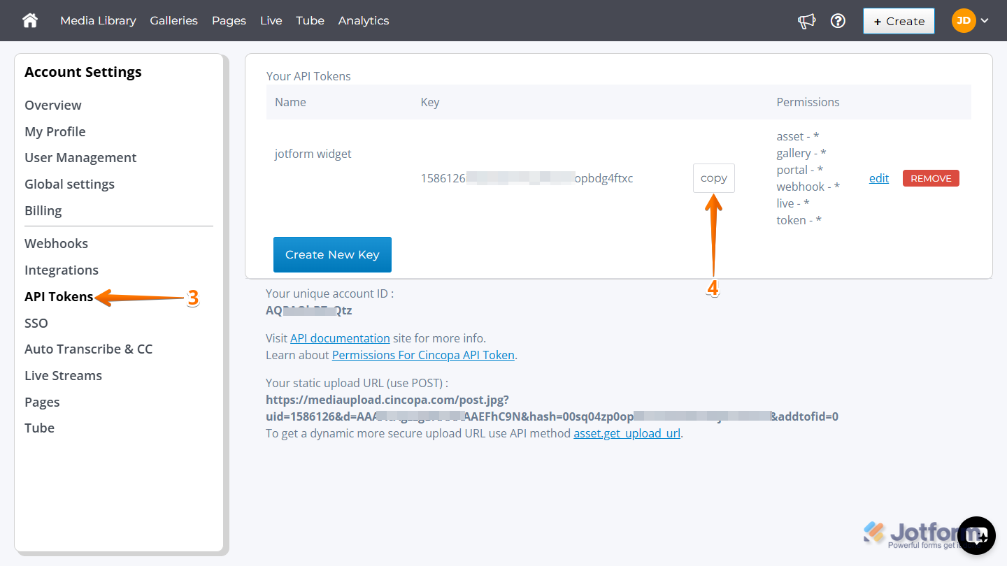Copy button in the Your API Tokens section in API Tokens menu in Cincopa Account Dashboard