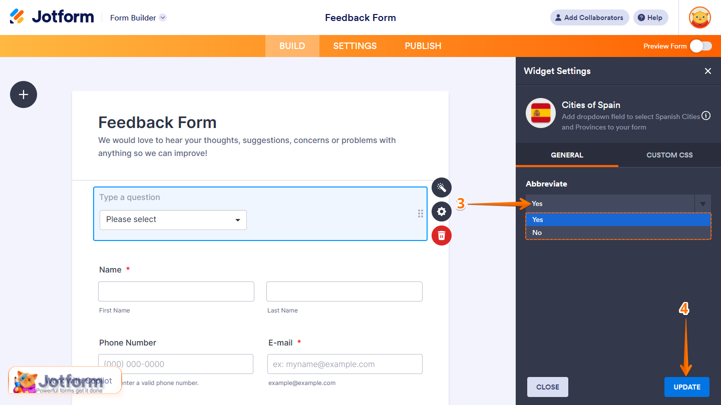 Cities of Spain Widget Widget Settings in Jotform Form Builder