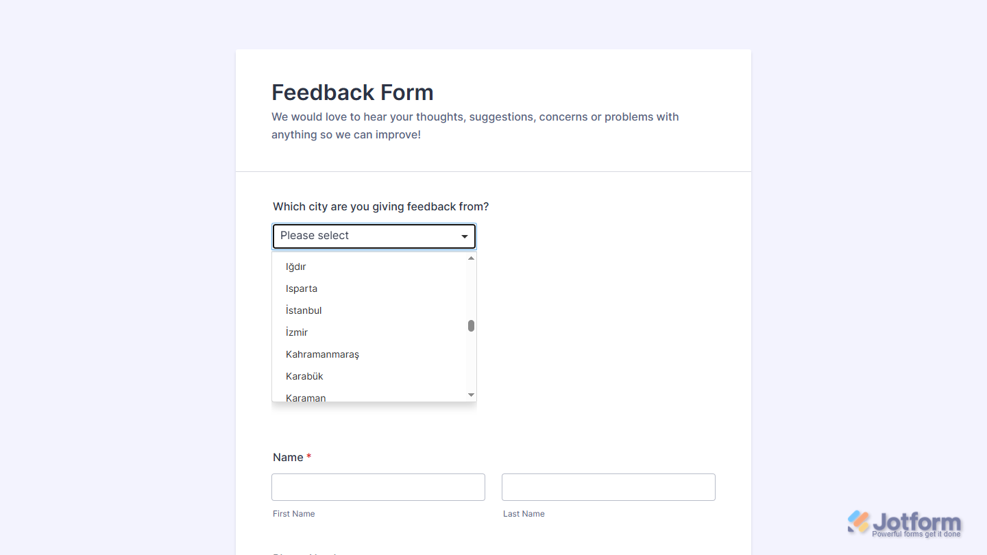 Cities of Turkey widget on a Jotform form