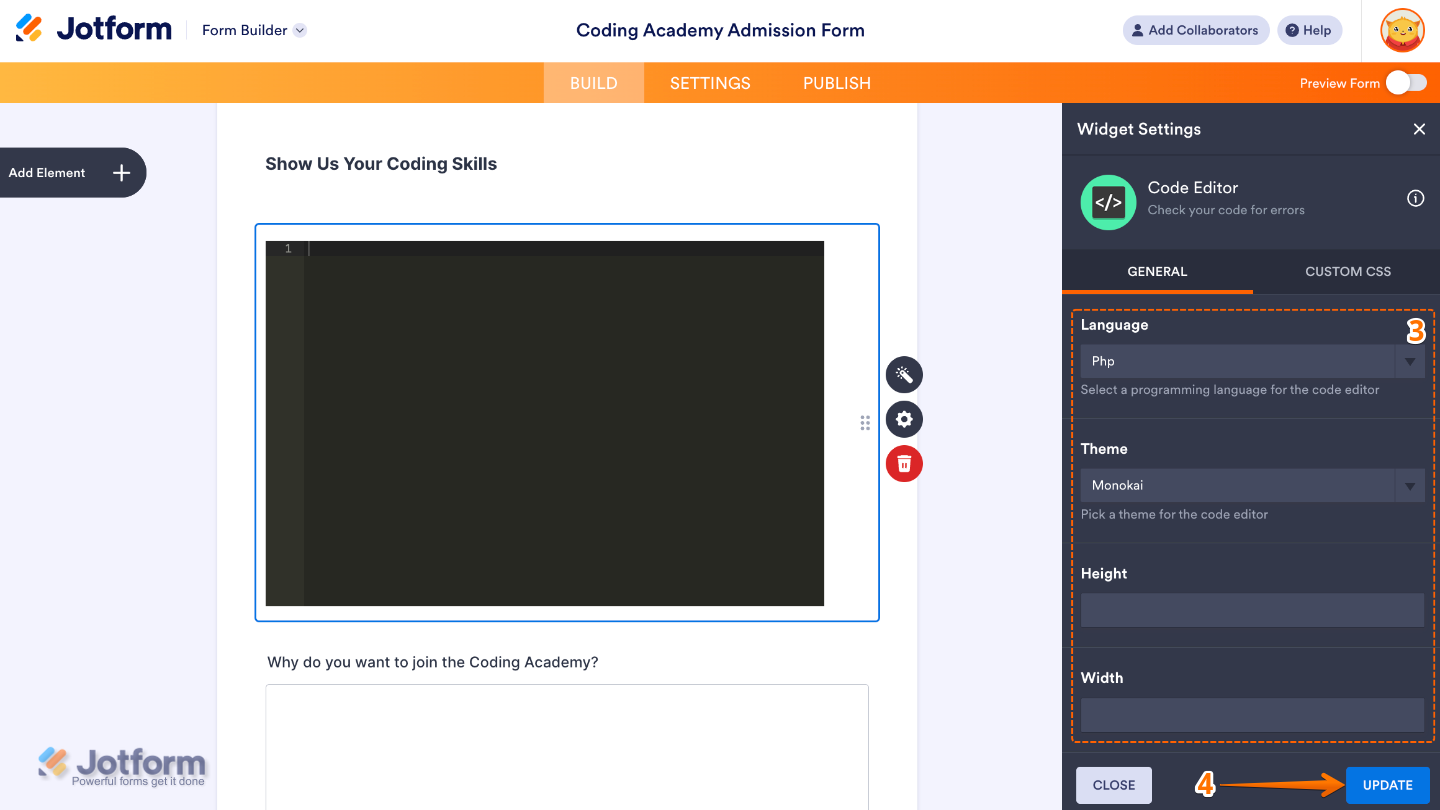 Code Editor widget settings panel showing options for language selection, theme, height, and width customization