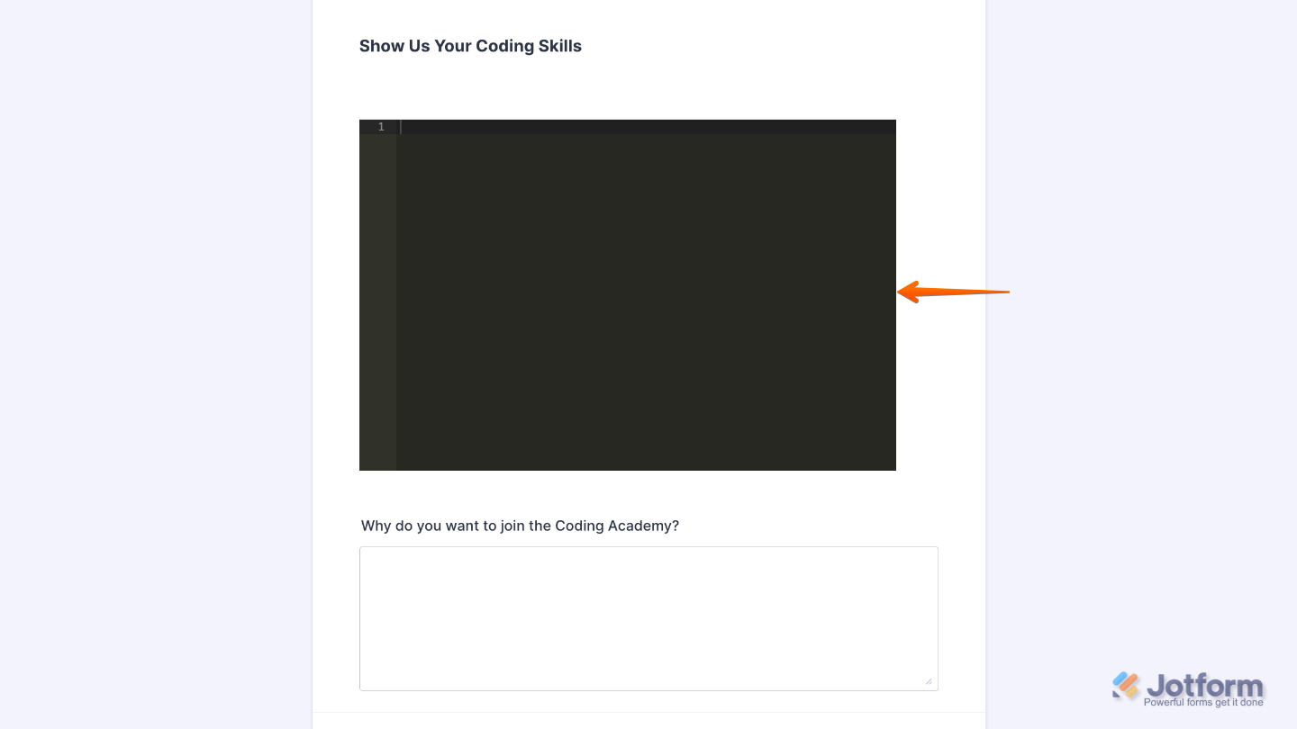 Form with the Code Editor widget added, allowing users to enter and format code clearly within a form field