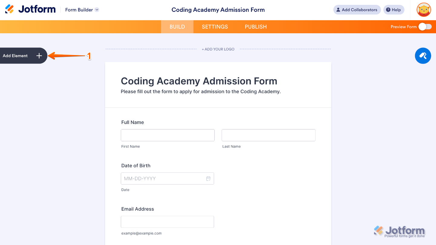 Form Builder interface highlighting the Add Element button on the left panel to add new fields and widgets