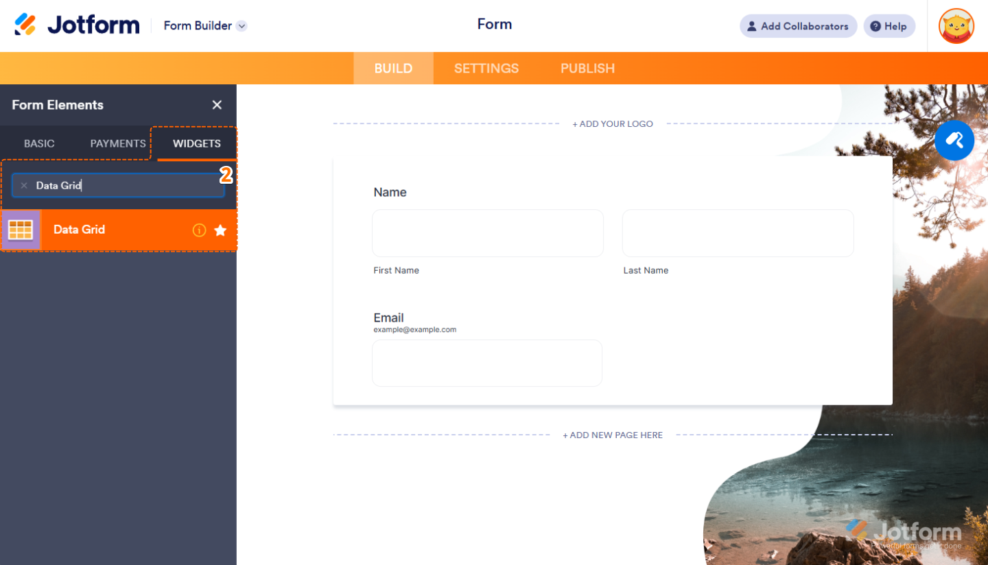 Data Grid widget in the Widgets tab of the Jotform Form Builder