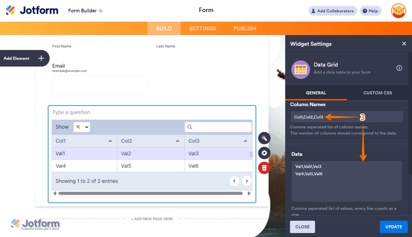 Column Names and Data in the Data Grid Widget Settings