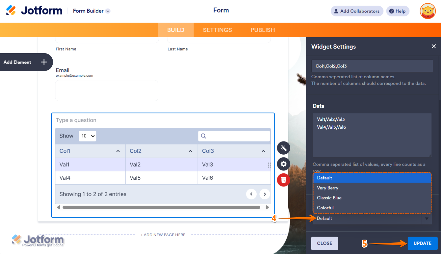Theme dropdown menu in the Data Grid Widget settings