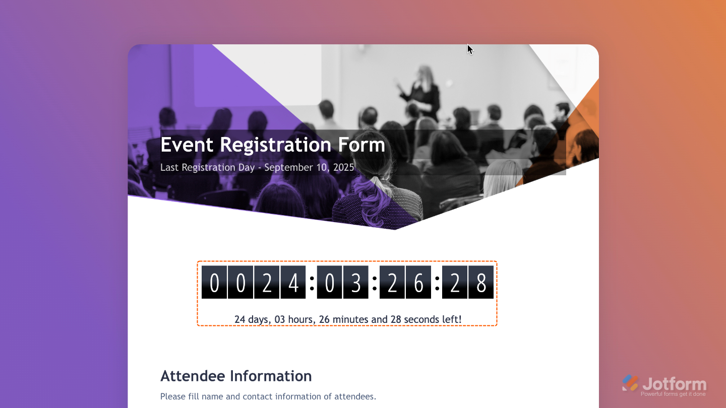 Form preview showing the Day Countdown widget counting down to a specific date and time
