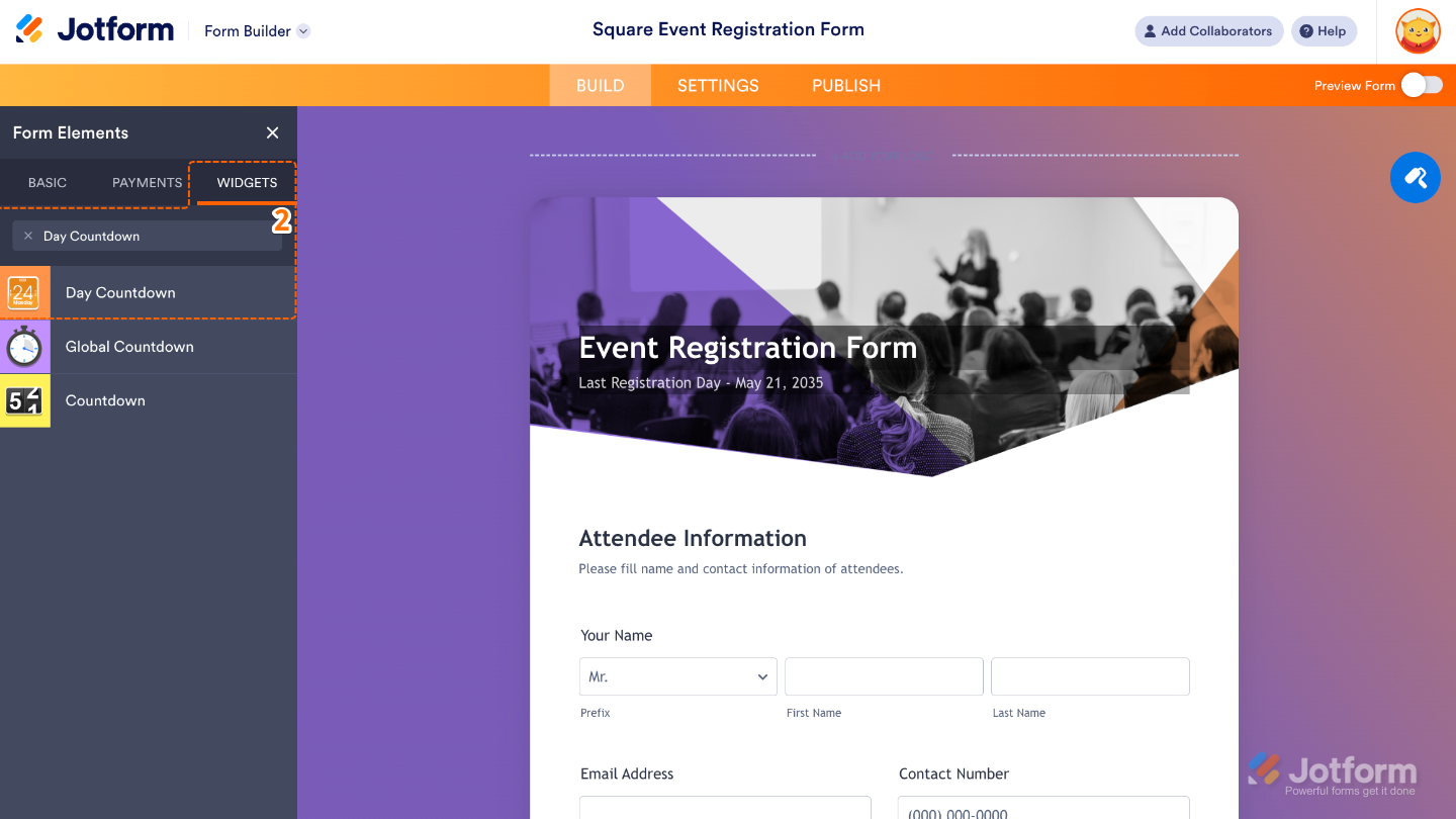 Form Elements menu under Widgets tab showing Day Countdown widget being searched and selected