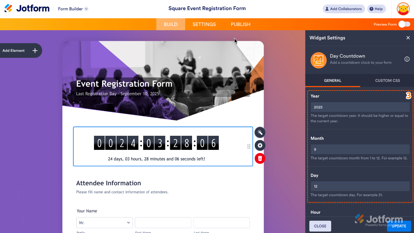 Day Countdown widget settings showing Year, Month, and Day fields being configured