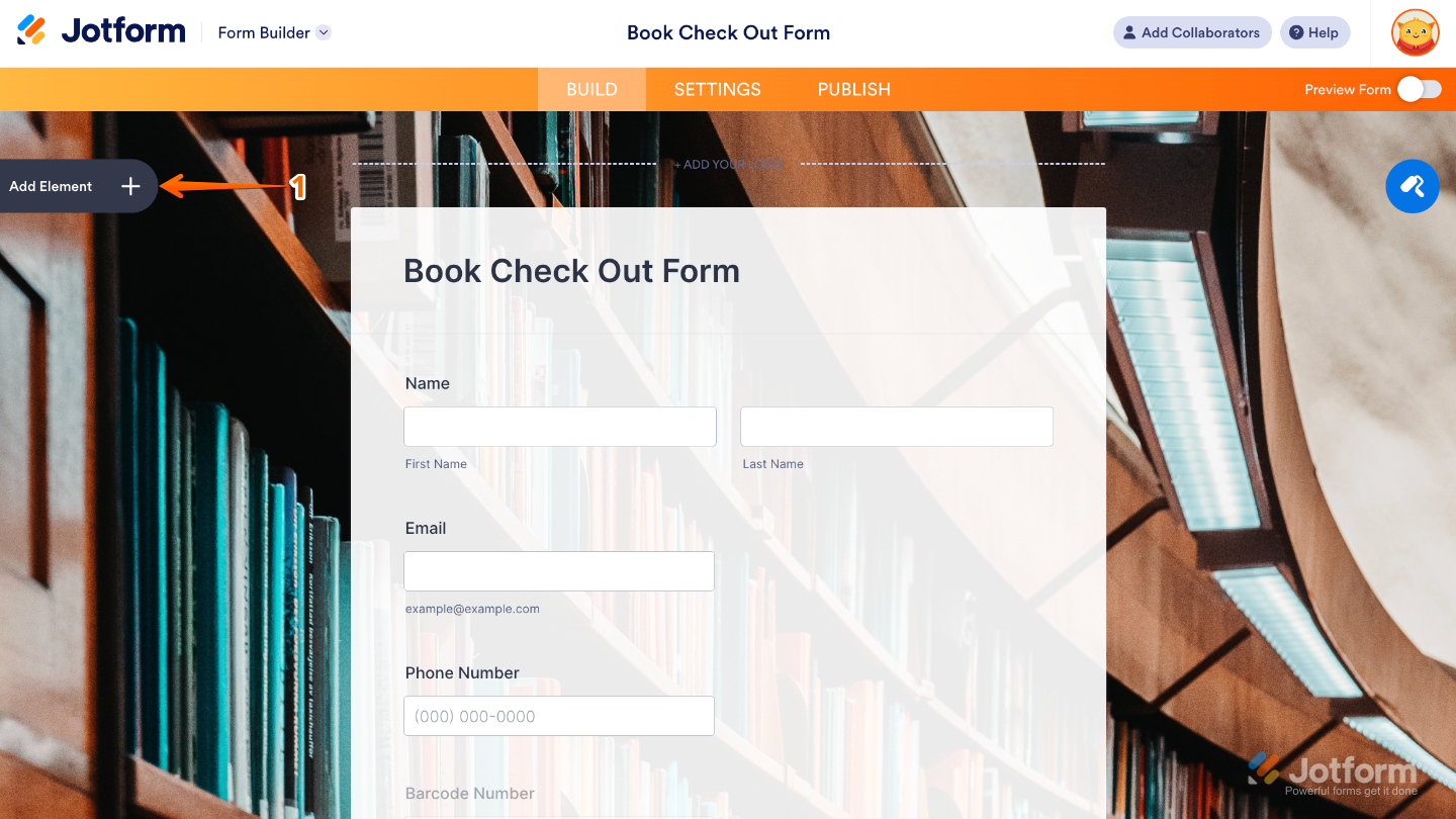 Form Builder interface highlighting the Add Element button on the left panel to add new fields and widgets