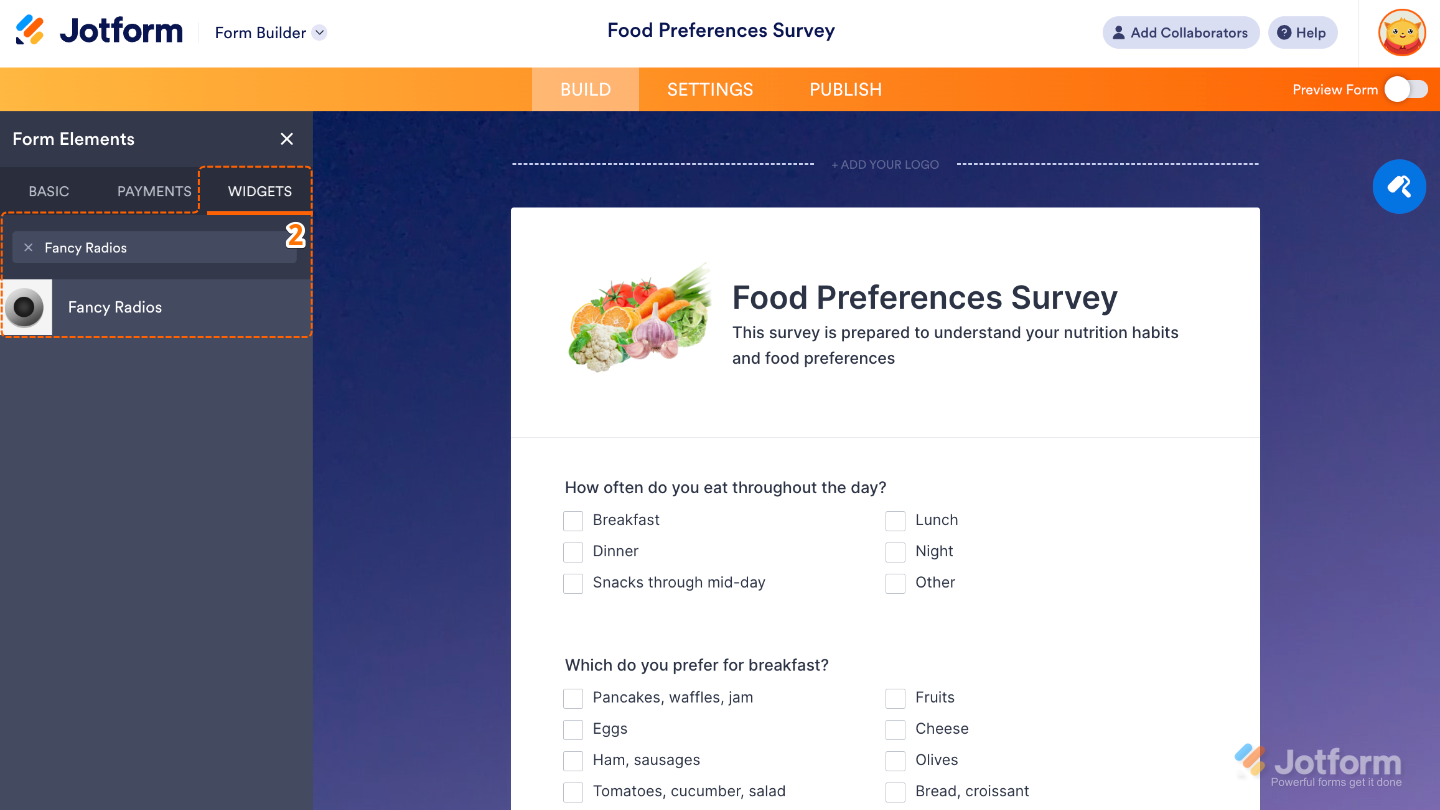 Form Elements panel under the Widgets tab showing the Fancy Radios widget being searched and added to a form