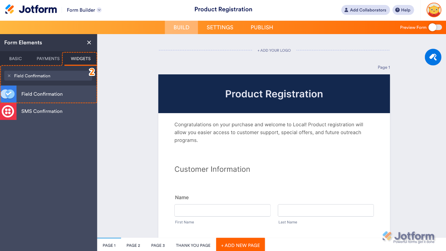 Form Elements panel under the Widgets tab showing the Field Confirmation widget being searched and added to a form
