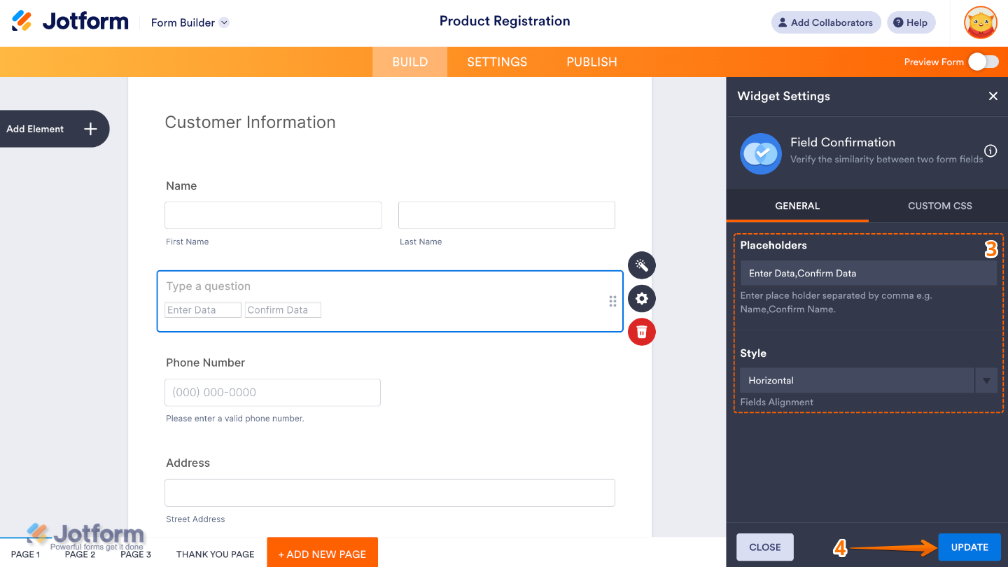 Field Confirmation widget settings panel showing options to add placeholders and choose horizontal or vertical field style