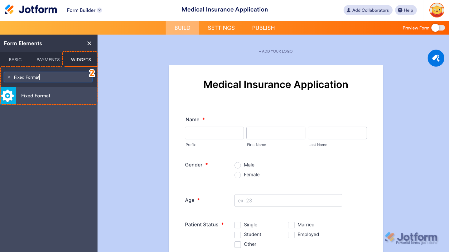 Form Elements menu under Widgets tab showing Fixed Format widget being searched and selected