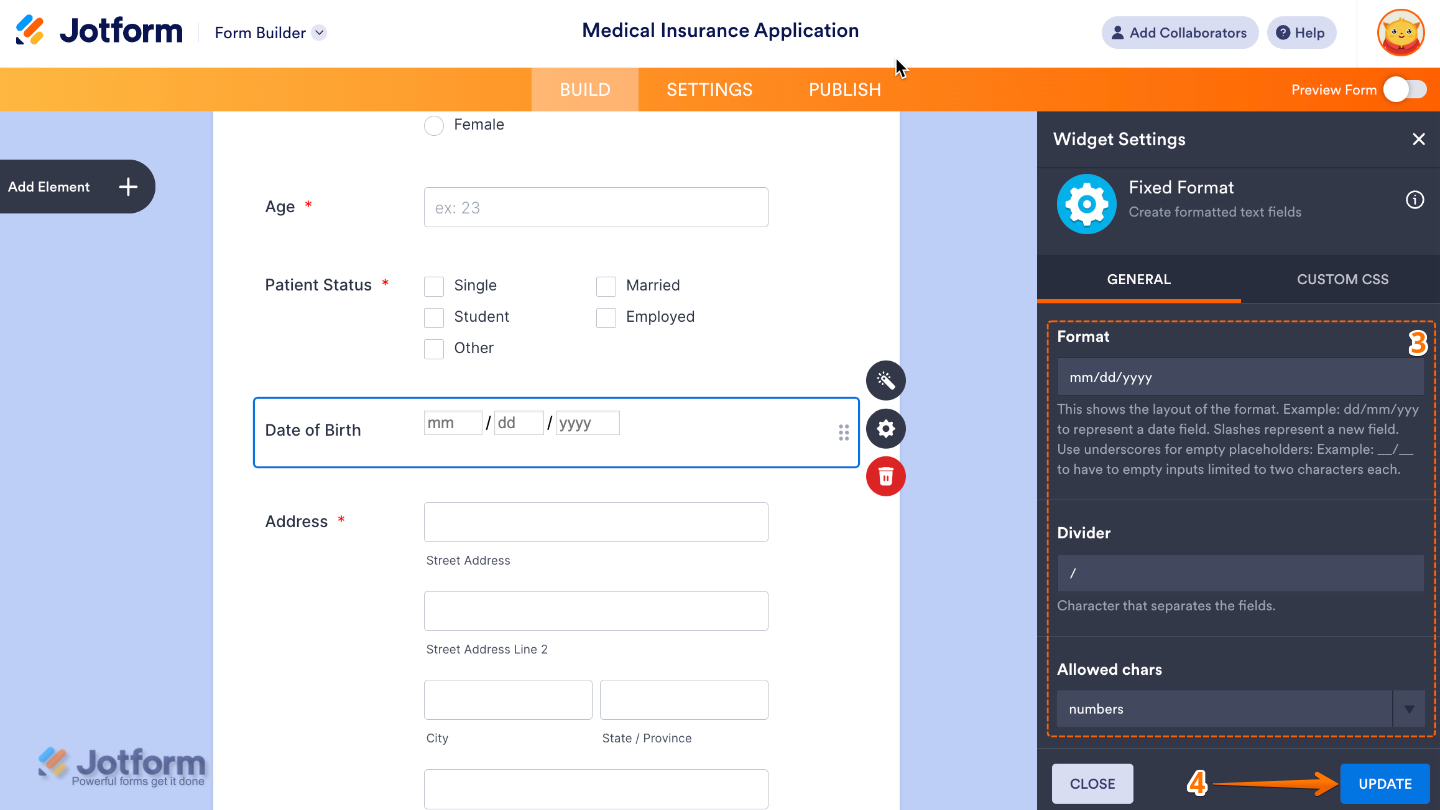 Fixed Format widget settings showing Format, Divider, and Allowed Chars options before clicking Update