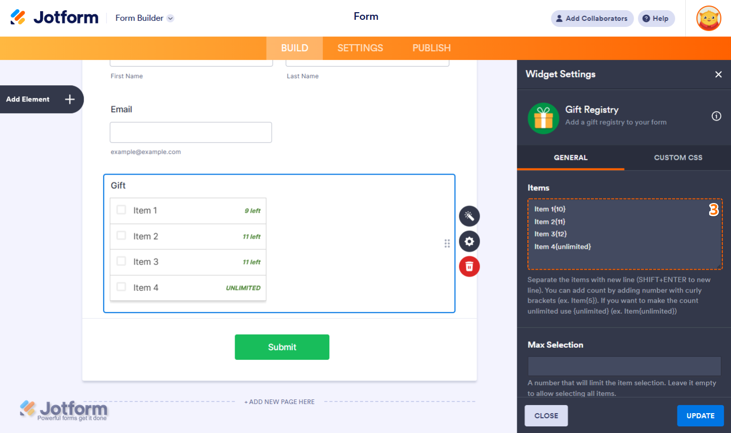 Items box in the Widget Settings of the Gift Registry widget