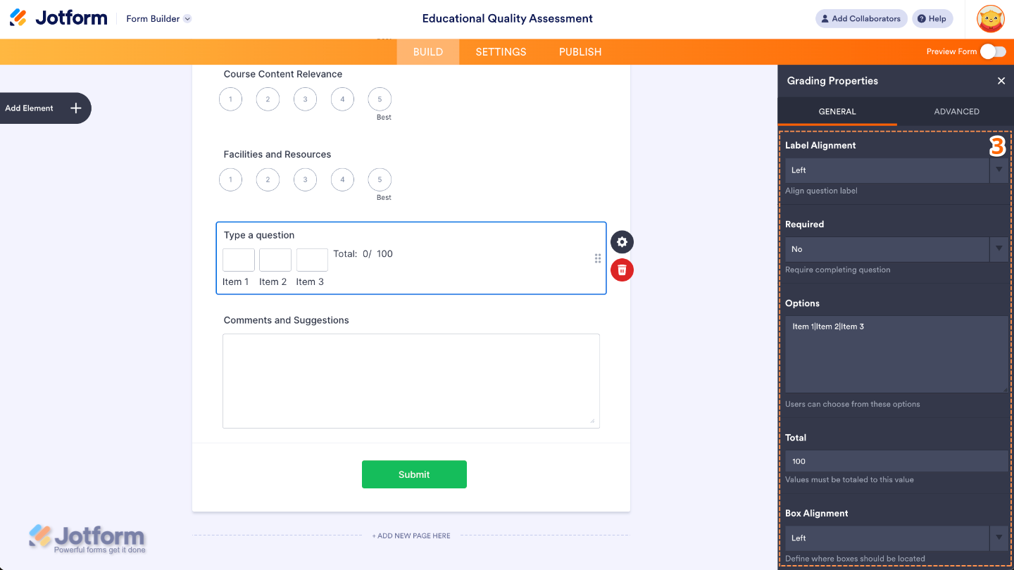 Grading widget properties panel open on the right side, ready for configuring grading options