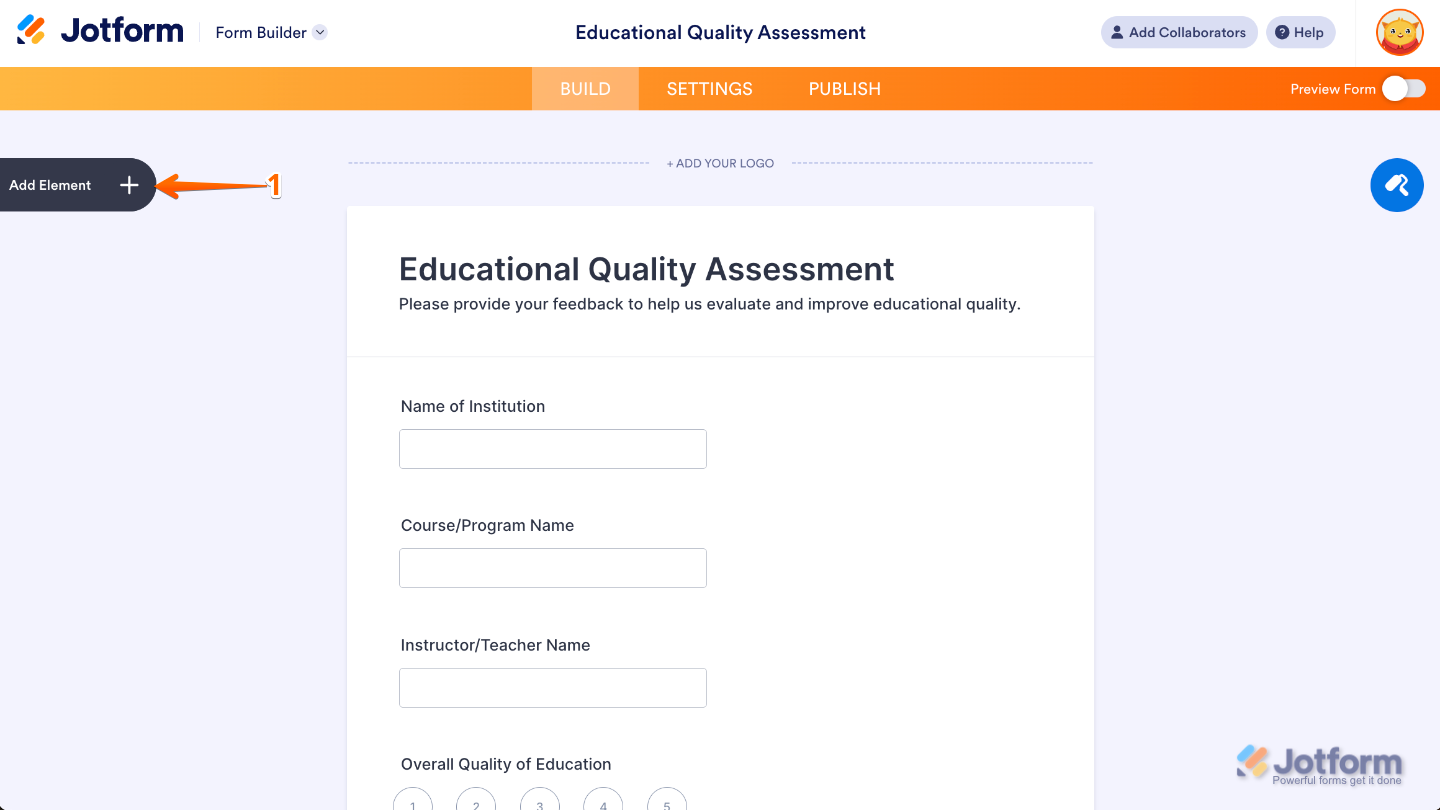 Form Builder interface highlighting the Add Element button on the left panel to insert new fields and widgets
